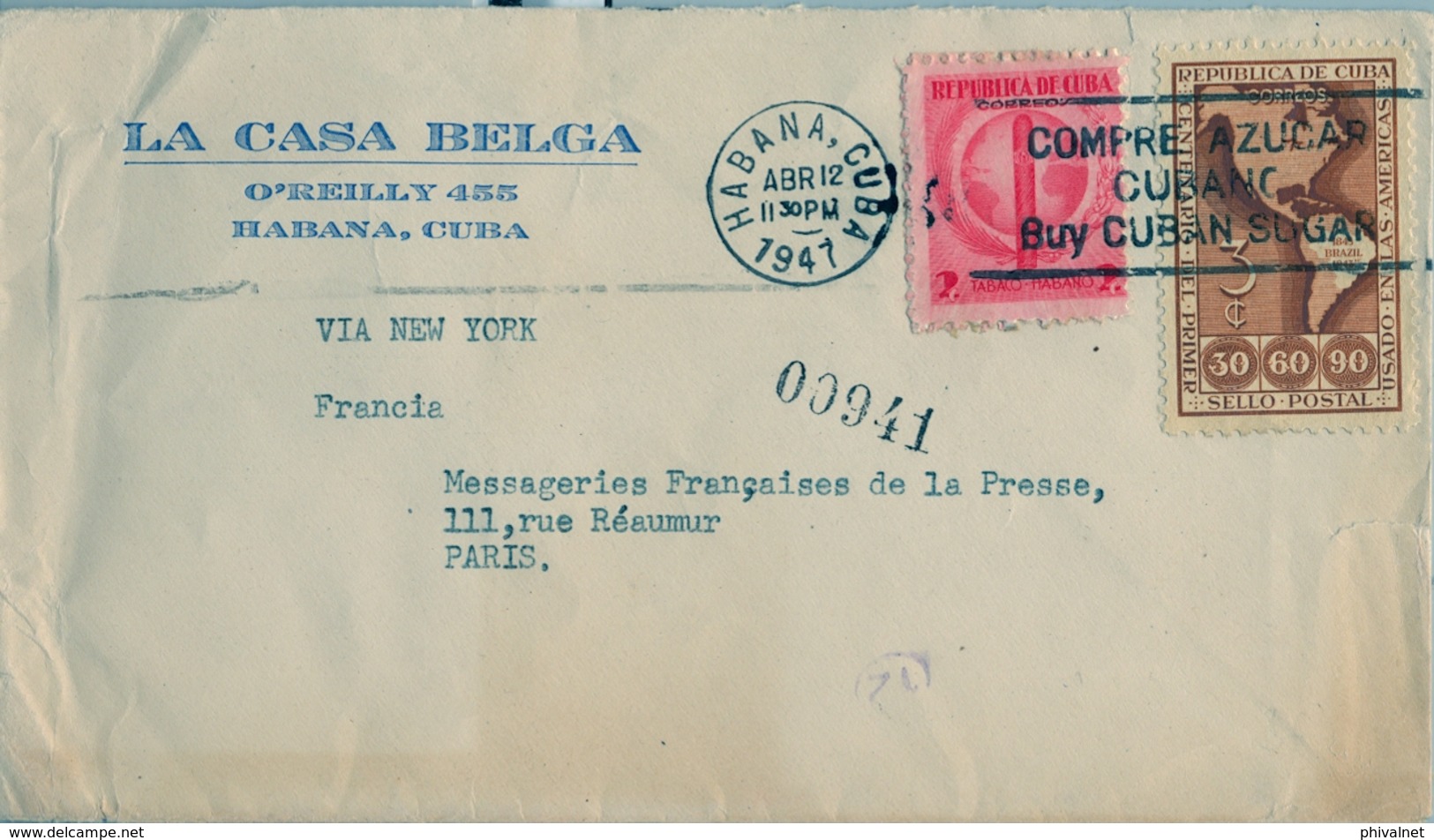 1947 CUBA , SOBRE CIRCULADO , HABANA - PARIS , VIA NEW YORK , FR. TABACO , CENTENARIO DEL PRIMER SELLO POSTAL AMERICANO - Brieven En Documenten