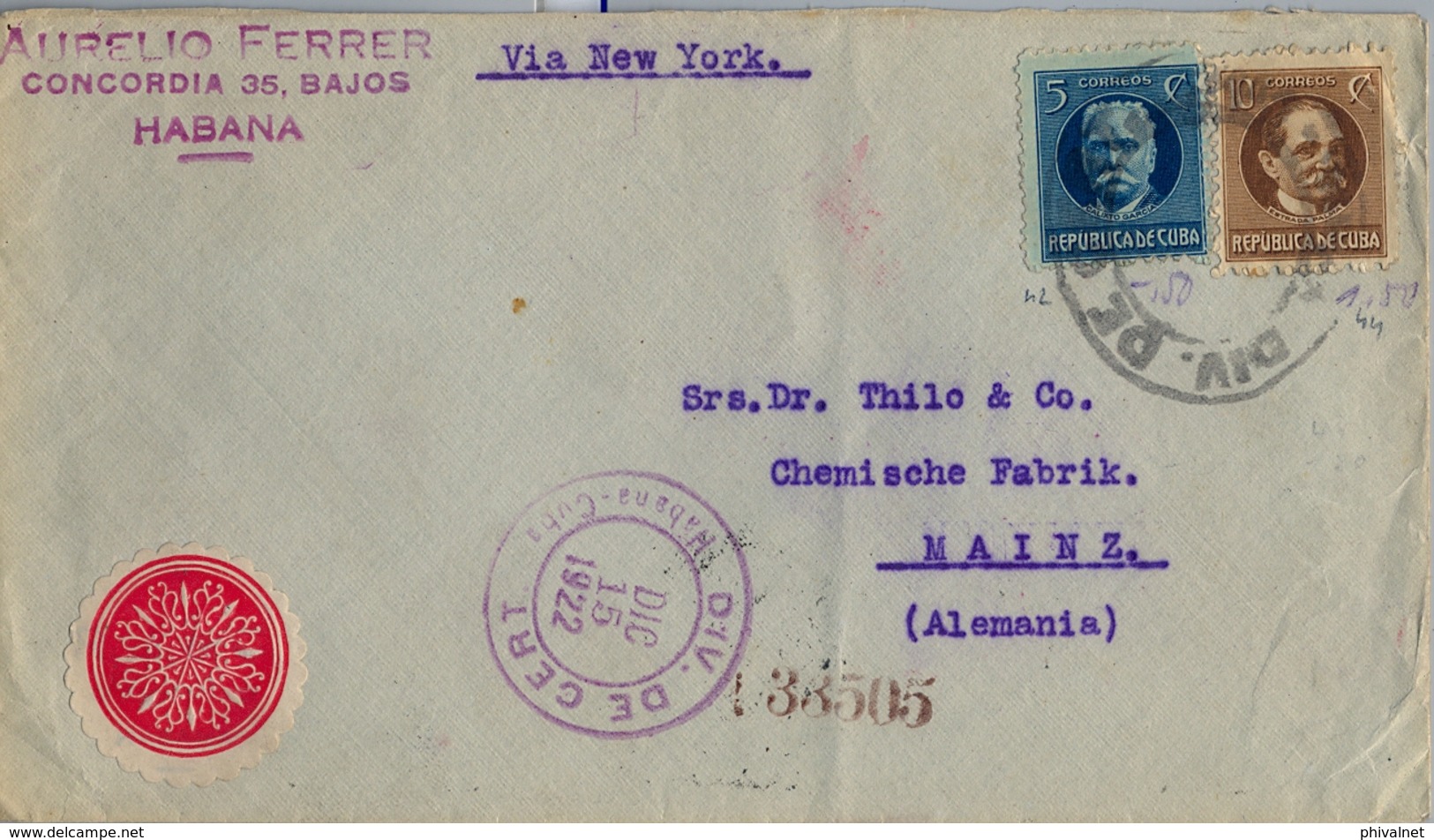 1922 CUBA , SOBRE CERTIFICADO , HABANA - MAINZ , VIA NEW YORK , LLEGADA AL DORSO - Brieven En Documenten