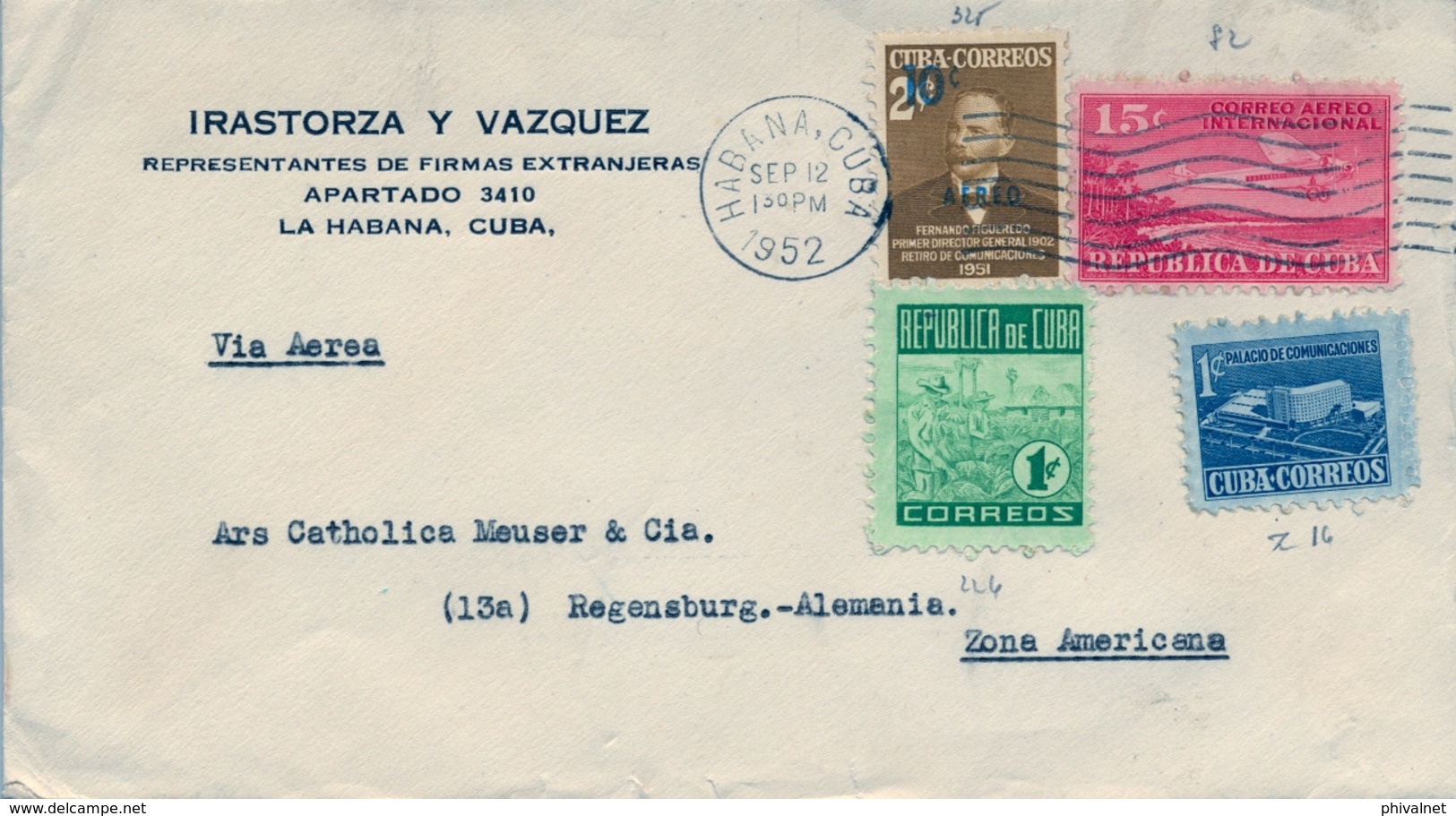 1952 CUBA , SOBRE CIRCULADO , HABANA - REGENSBURG , CORREO AÉREO - Cartas & Documentos