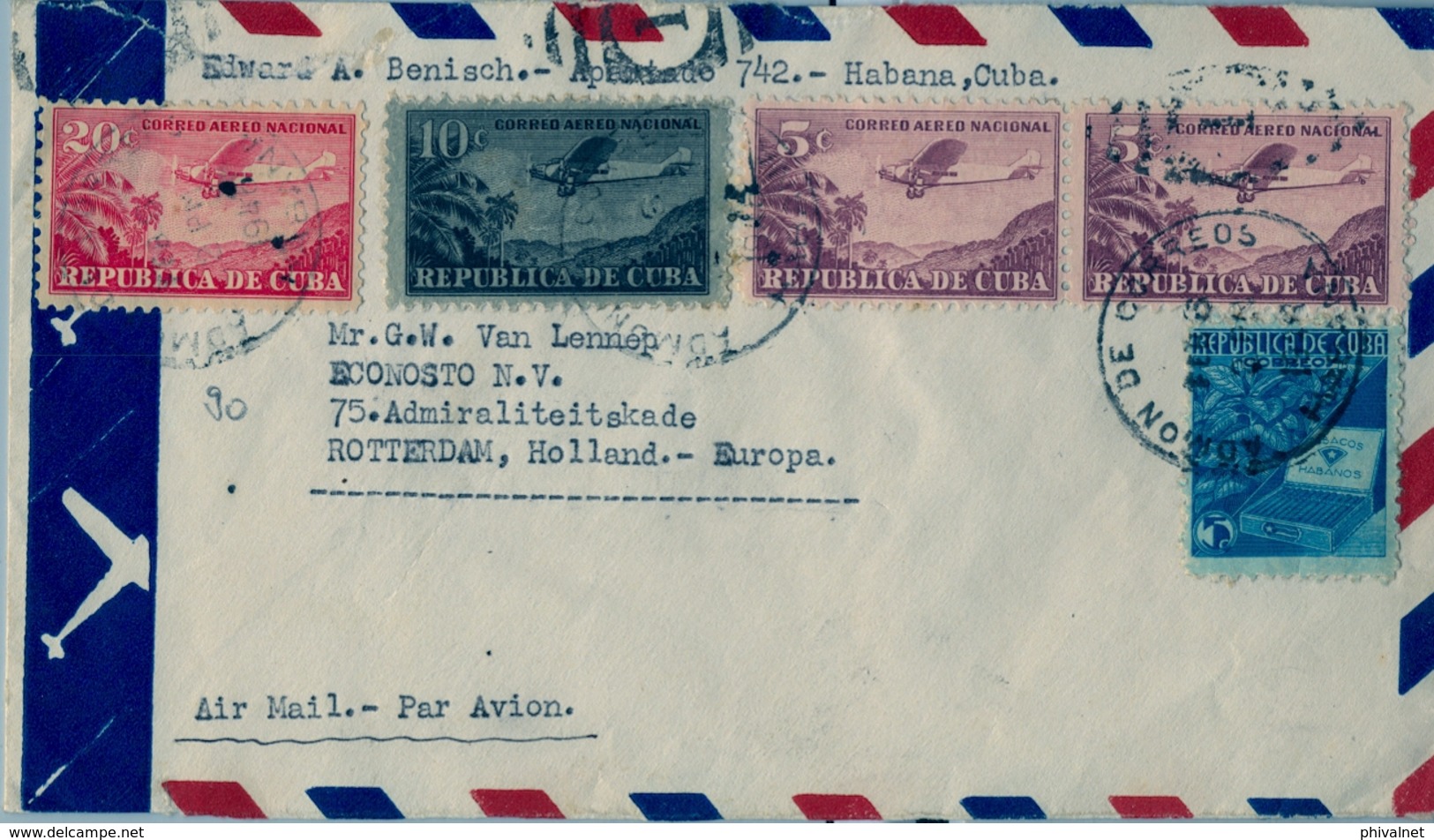 1946 CUBA , SOBRE CIRCULADO , HABANA - ROTTERDAM , CORREO AÉREO, FR. AVIÓN EN VUELO , HABANOS - Covers & Documents