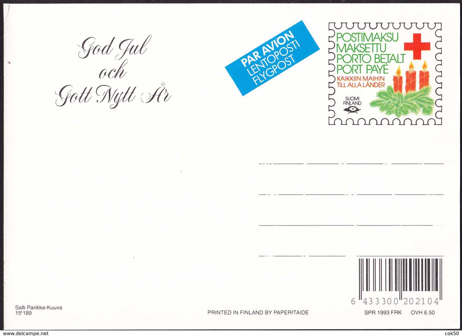 ÅLAND 1993 RED CROSS Christmas Postal Stationery (unused Postcard) By Artist Salli Parikka-Kuuva (no. 15*189) - Aland