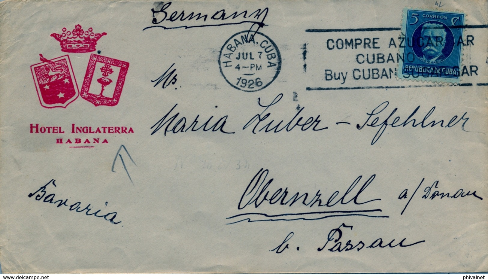 1926 CUBA , SOBRE CIRCULADO , HABANA - OBERNZELL , " HOTEL INGLATERRA " - Cartas & Documentos