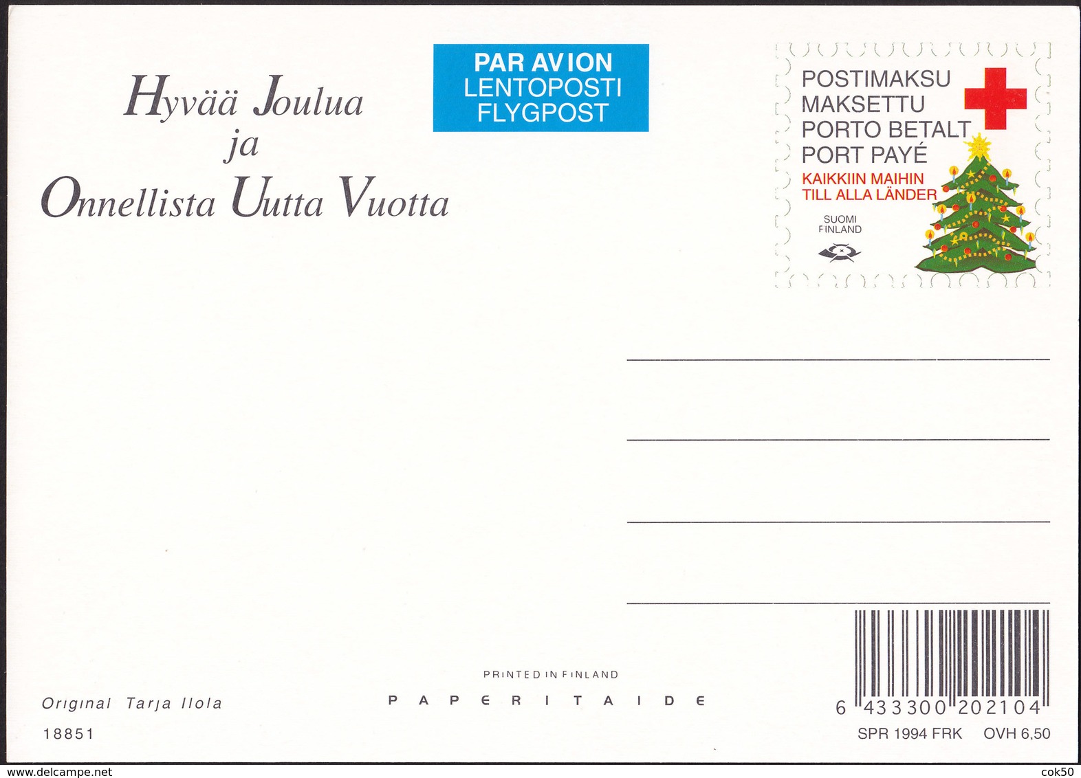 ÅLAND 1994 RED CROSS Christmas Postal Stationery (unused Postcard) By Artist Tarja Iilola (no. 18851) - Aland