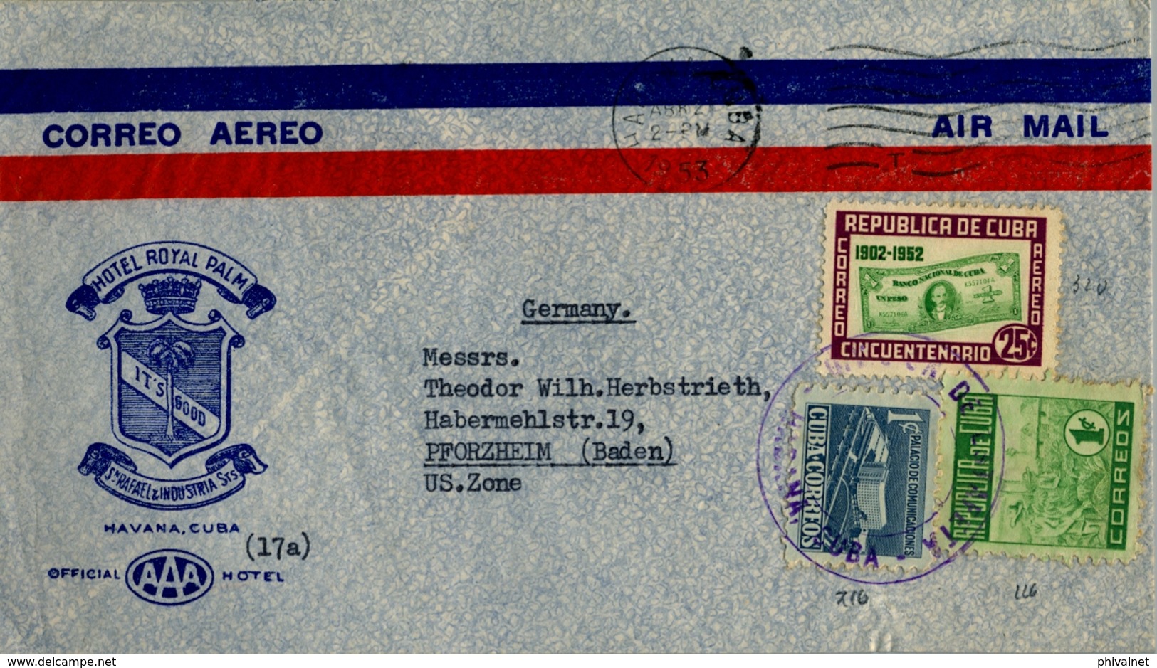 1953 CUBA , SOBRE CIRCULADO , HABANA - PFORZHEIM , CORREO AÉREO , " HOTEL ROYAL PALM " - Cartas & Documentos