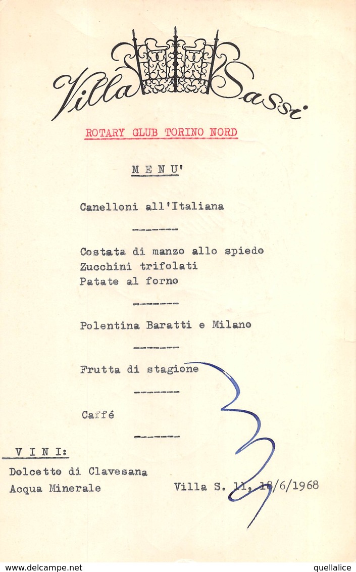 0967 "MENU 1968-TORINO-VILLA SASSI-CARICATURA ORIGINALE IN INCHIOSTRO BLU DI RICCARDO CHICCO-PITTORE TORINO 1910/1973" - Menus