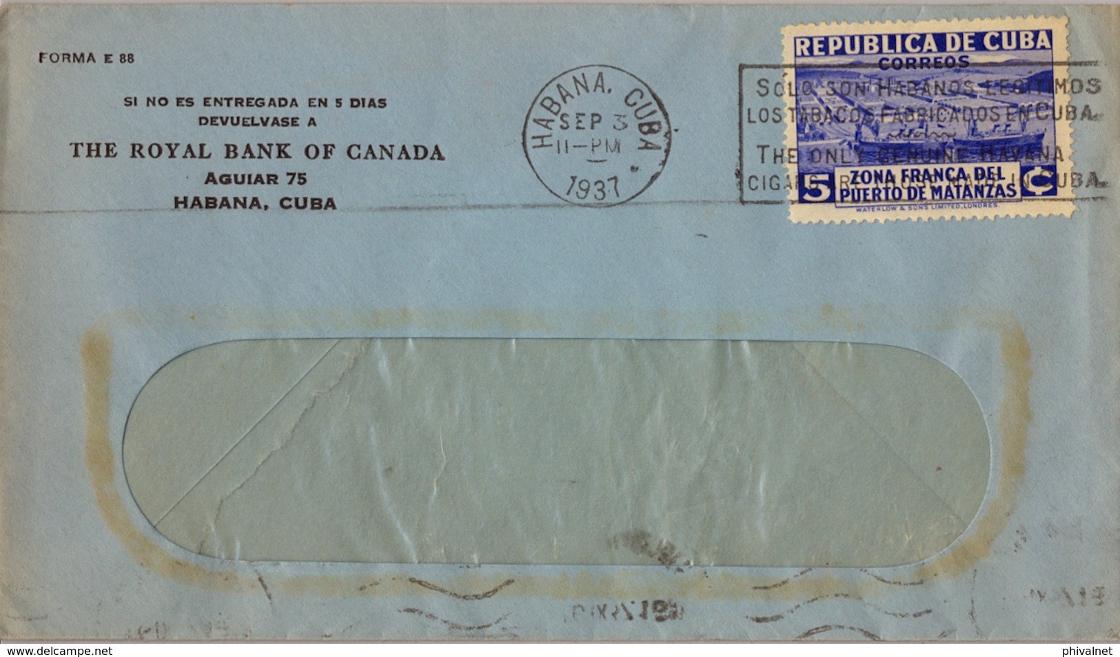 1937 CUBA , SOBRE CIRCULADO , HABANA - FRANCIA , THE ROYAL BANK OF CANADA , FR. ZONA FRANCA - Storia Postale