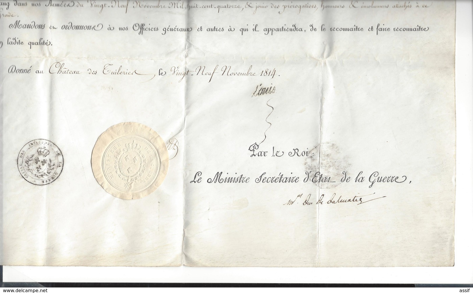 LOUIS XVIII Nomination Frachon Adjudant Commandant  29 Novembre 1814 Signé Louis  - Mal Duc De Dalmatie ( Soult ) - Documenti Storici