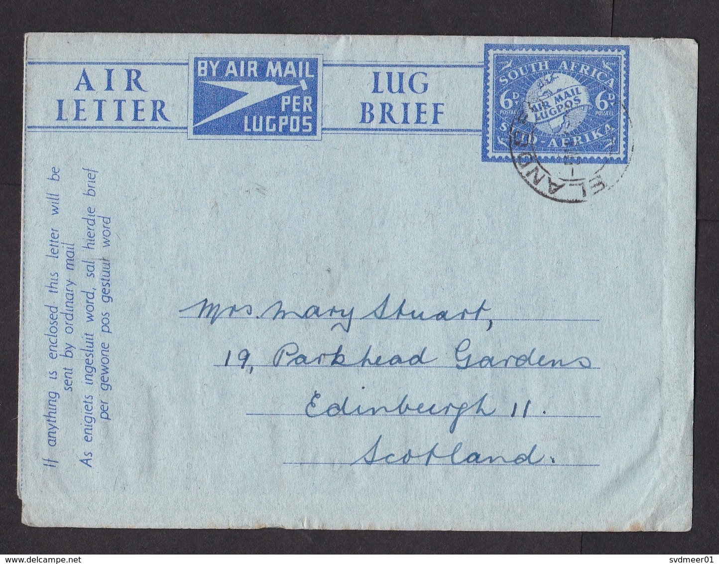 South Africa: Stationery Aerogramme To UK, 1948, Globe, Air Letter (minor Damage) - Brieven En Documenten