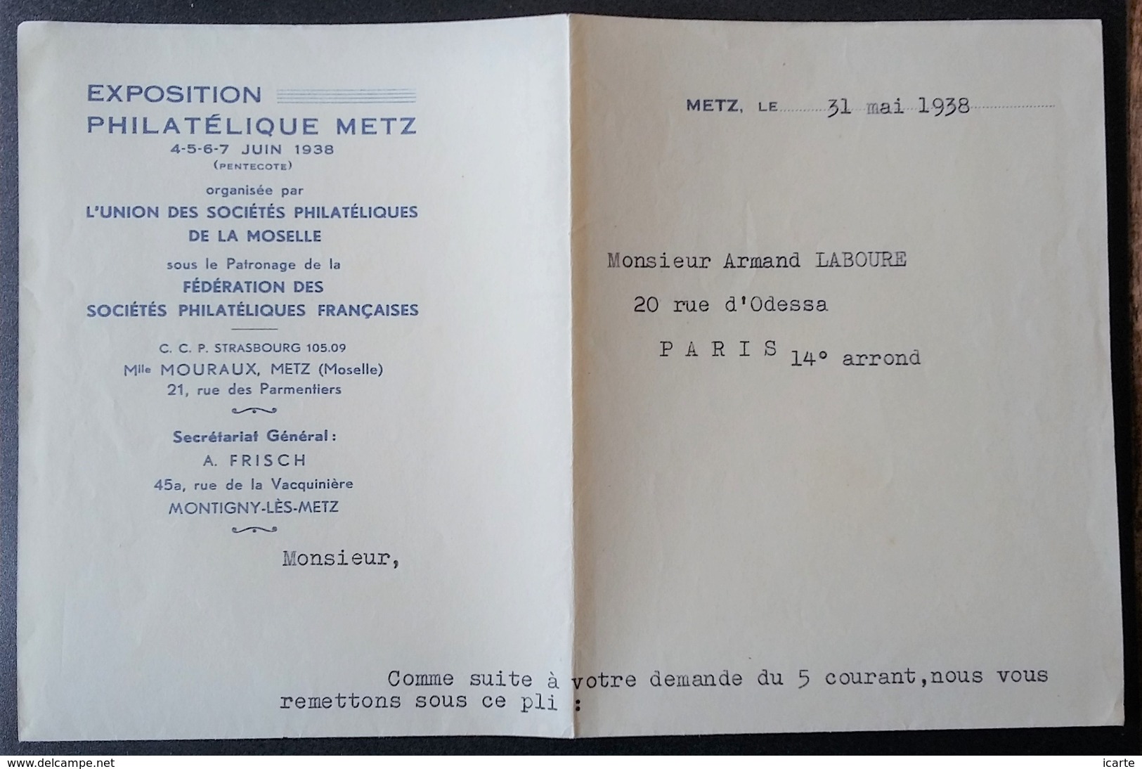 Vignettes Exposition Philatélique De METZ 1938 Neuves Sans Charnière + Lettre à En-tête Idem - Esposizioni Filateliche