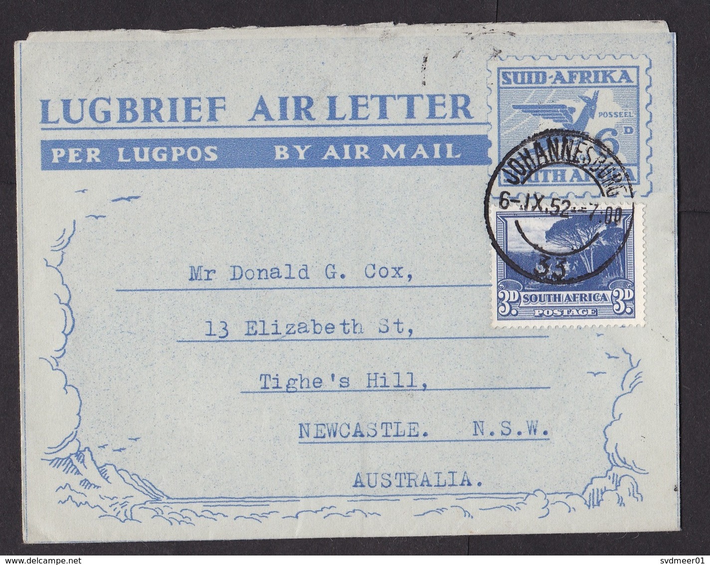 South Africa: Stationery Aerogramme To Australia, 1952, Extra Stamp, Air Letter (minor Damage) - Brieven En Documenten