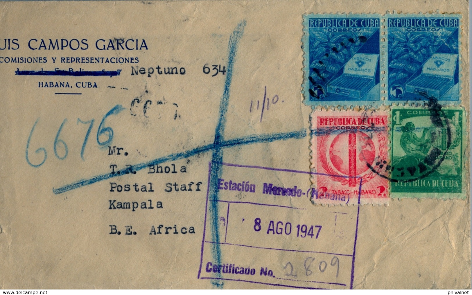 1947 CUBA , SOBRE CERTIFICADO , HABANA - KAMPALA , MAT. ESTACIÓN MERCADO , FR. TABACO , LLEGADA , RARO DESTINO - Covers & Documents