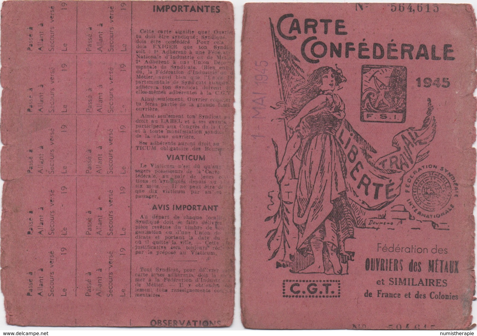 Carte Confédérale 1945 : Fédération Des Ouvriers Des Métaux - Historische Dokumente