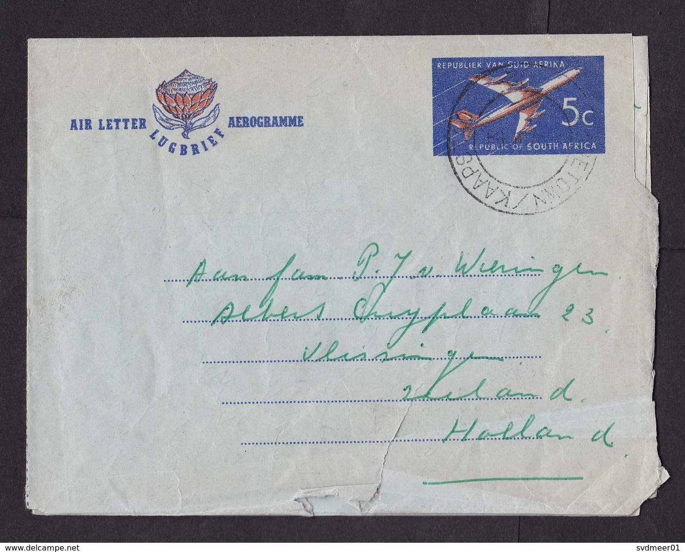 South Africa: Stationery Aerogramme To Netherlands, 1964, Airplane, Flower, Air Letter (damaged) - Brieven En Documenten