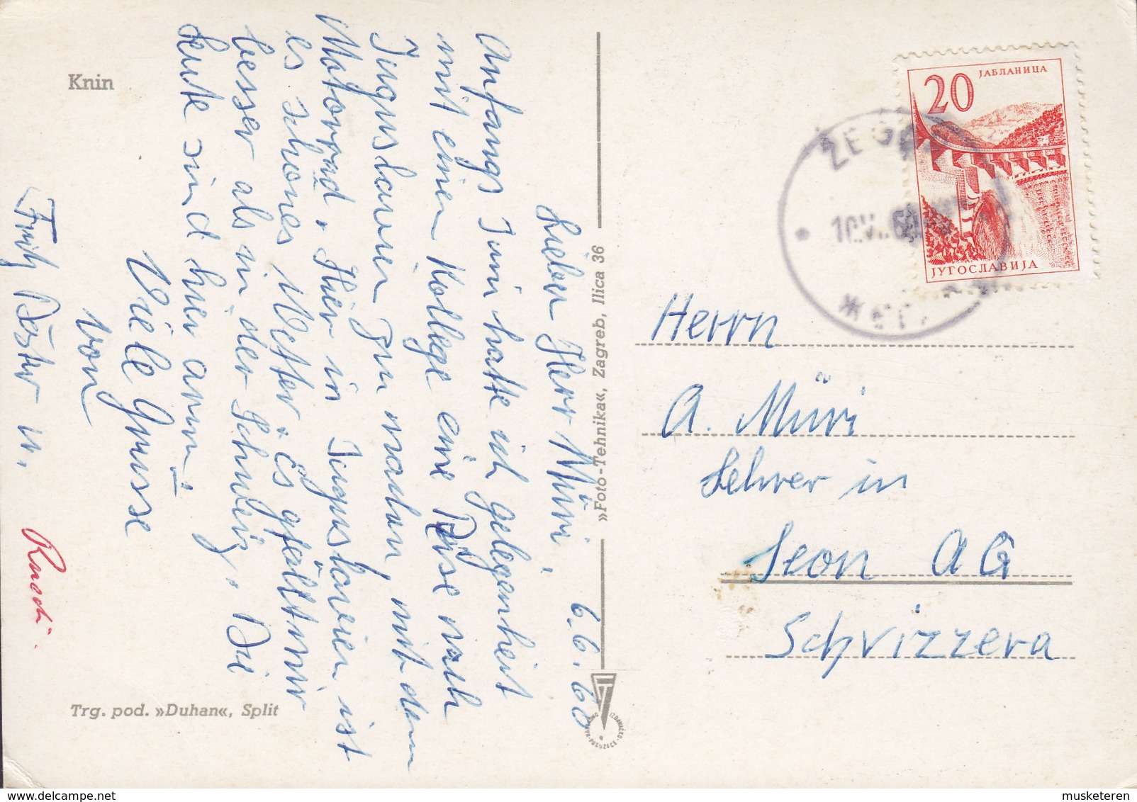 Yugoslavia PPC Knin Trg. Pod. 'Duhan' Split ZAGREB 1969 SEON Schweiz (2 Scans) - Jugoslawien