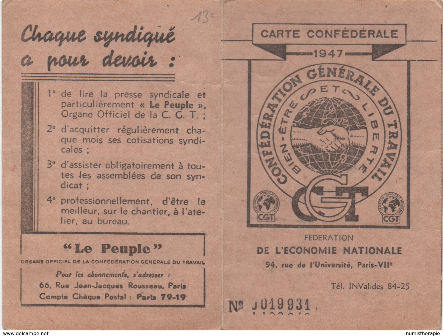 Carte Confédérale 1947 : Fédération De L'Économie Nationale - Historical Documents