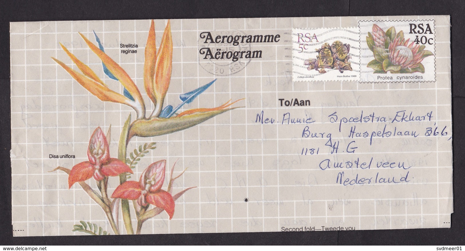 South Africa: Stationery Aerogramme To Netherlands, 1991, Extra Stamp, Flower, Butterfly, Air Letter (minor Damage) - Brieven En Documenten