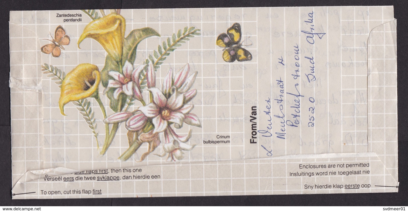 South Africa: Stationery Aerogramme To Netherlands, 1991, Extra Stamp, Flower, Butterfly, Air Letter (minor Damage) - Brieven En Documenten