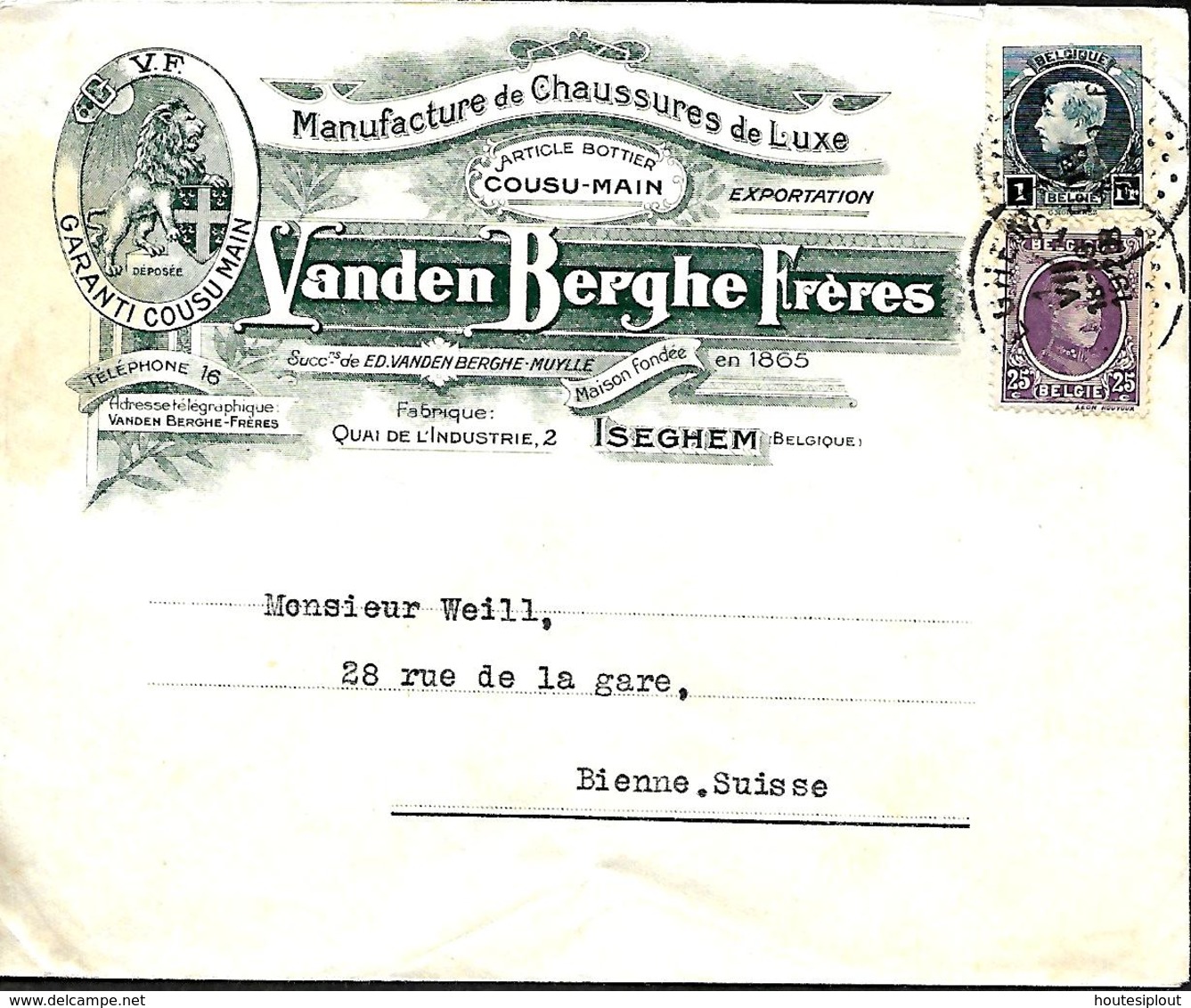Belgique. TP 198 + 215  L.  Izegem > Bienne  Suisse   1928   Pli - 1922-1927 Houyoux