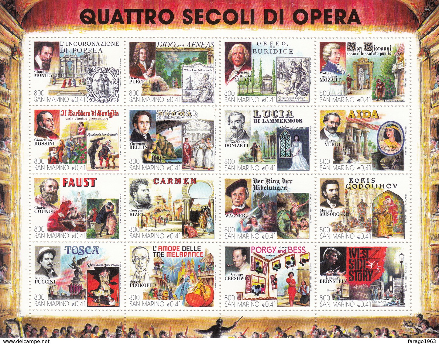 1999 San Marino Opera Music Miniature Sheet Of 16 Complete  VF MNH  @ BELOW FACE VALUE - Muziek