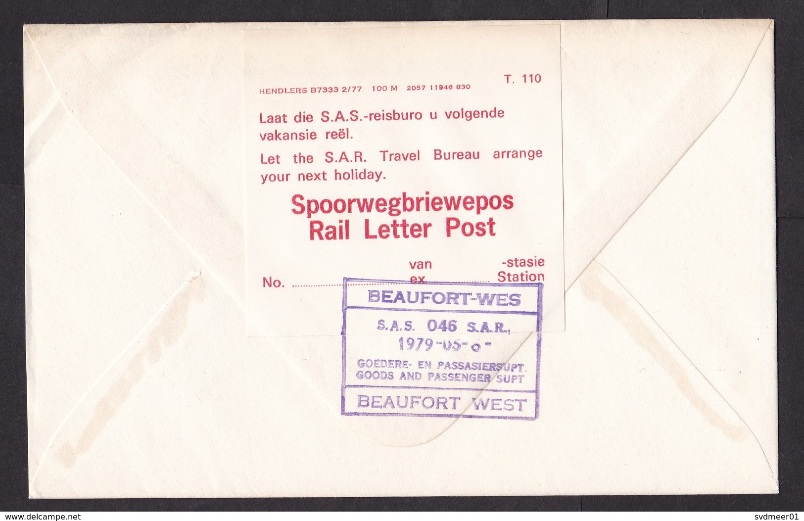 South Africa: Cover, 1979, 1 Stamp, Rail Letter, Advertorial Label Travel Bureau, Station Cancel (minor Discolouring) - Brieven En Documenten