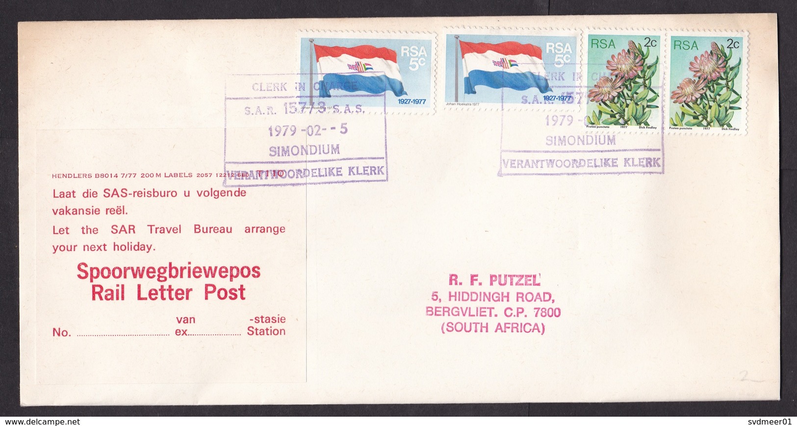 South Africa: Cover, 1979, 4 Stamps, Rail Letter, Advertorial Label Travel Bureau, Station Cancel (minor Discolouring) - Brieven En Documenten