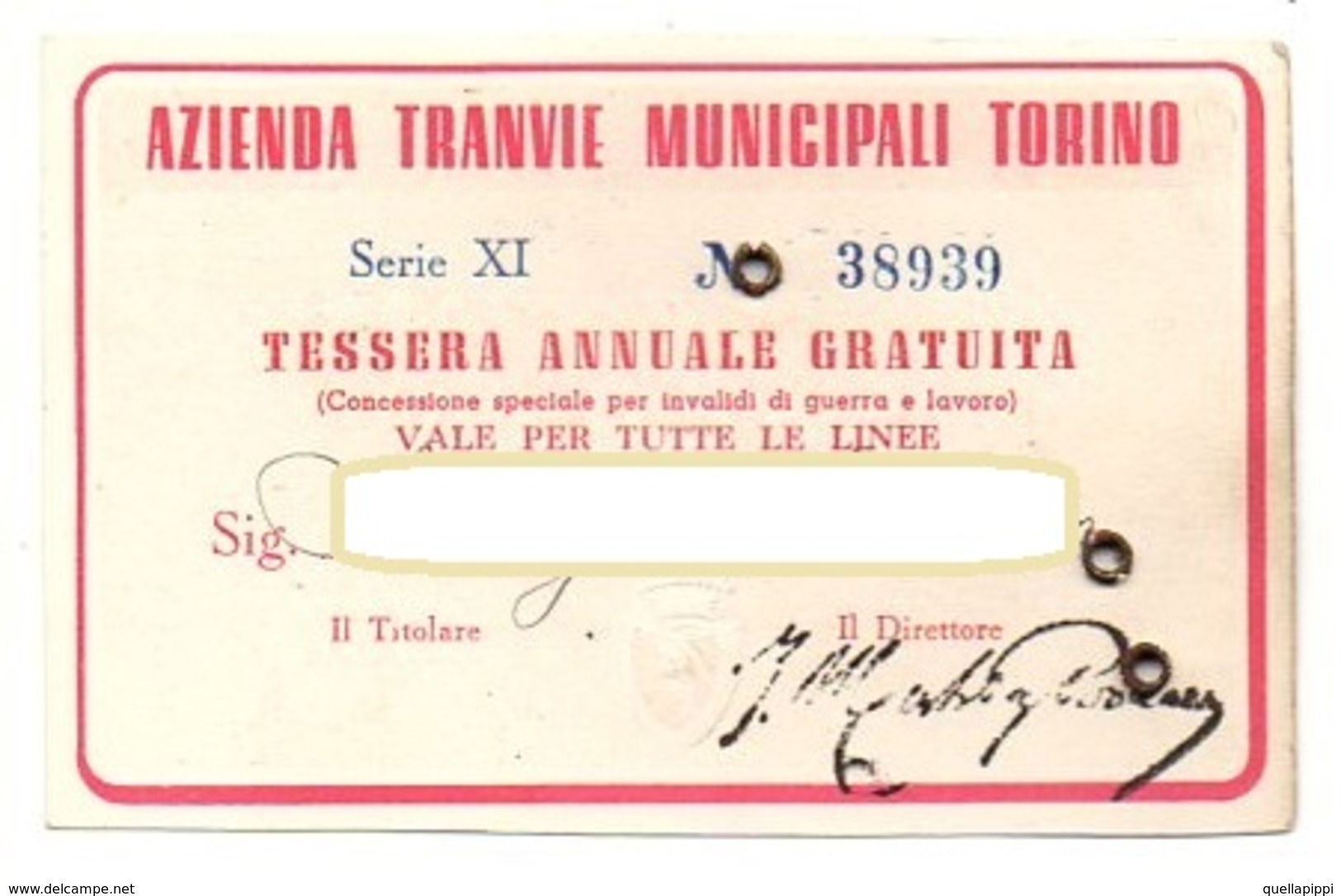 09044 "TESSERA NR. 38939 - AZIENDA TRANVIE MUNICIPALI TORINO - 1952" ORIG. - Europa