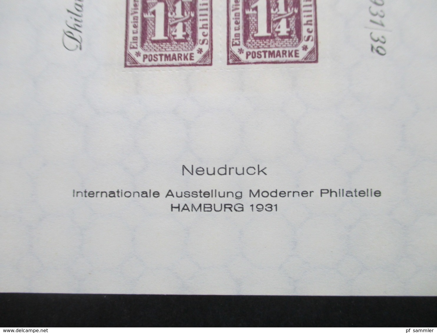 Altdeutschland Hamburg Mophila Gedenk Block 1931 / 32 Faksimile Druck - Hamburg (Amburgo)