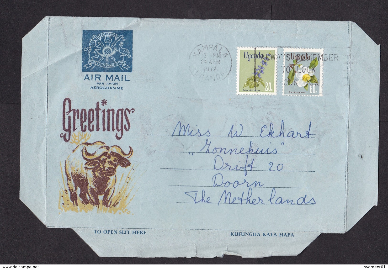 Uganda: Aerogramme To Netherlands, 1972, 2 Stamps, Flower, Ox, Animal, Air Letter (creases) - Ouganda (1962-...)