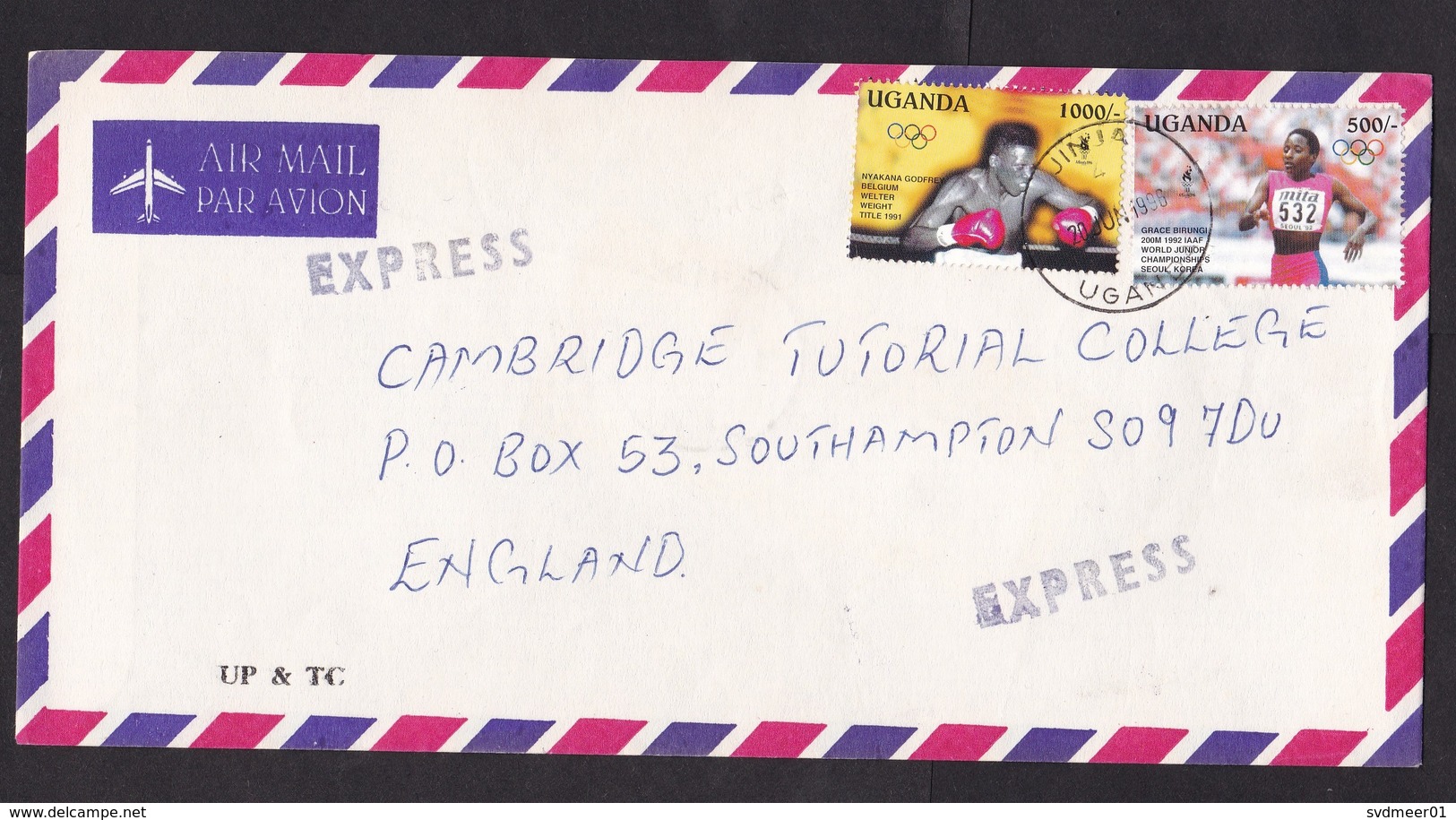 Uganda: Express Airmail Cover To UK, 1996, 2 Stamps, Olympics, Boxing, Running, Sports, Rare Real Use! (traces Of Use - Uganda (1962-...)