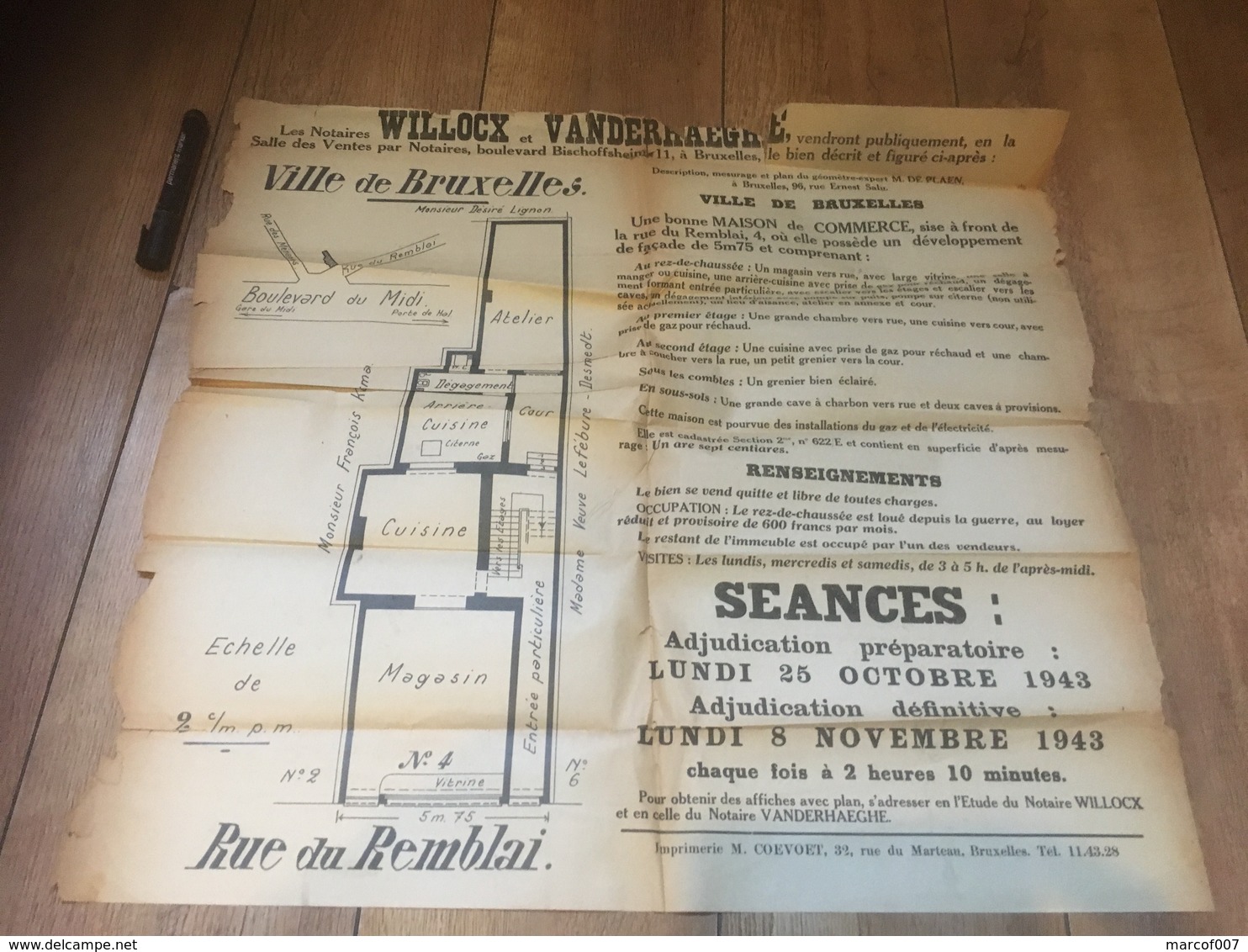 BRUXELLES 1943 Vente Maison De Commerce Rue Remblai + Plan - Affiches