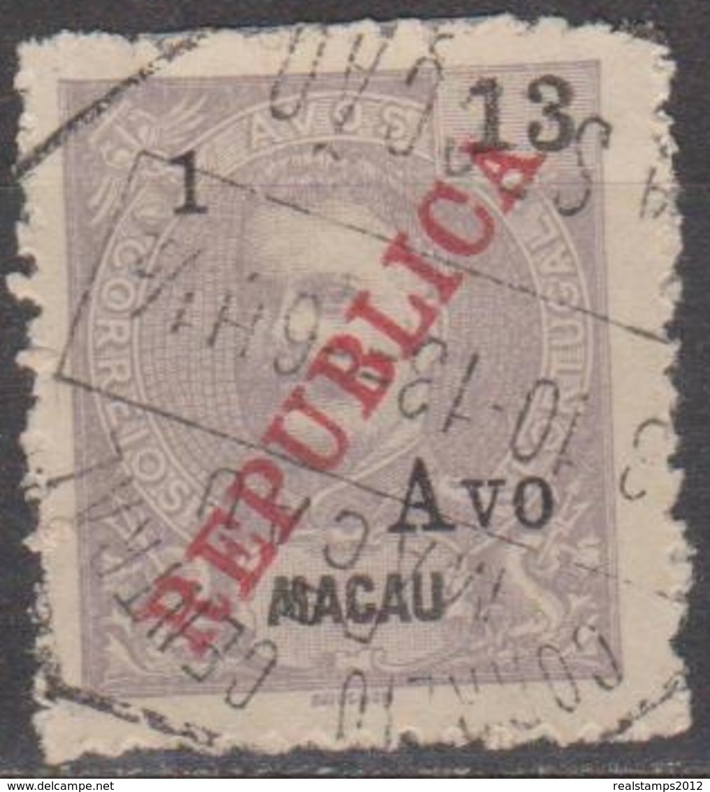 MACAU -1913, D. Carlos I,  Com Sobretaxa, «REPUBLICA» Local, 1 S/ 13 A.   D. 11  1/2   (o)  Afinsa  Nº 201 - Usati