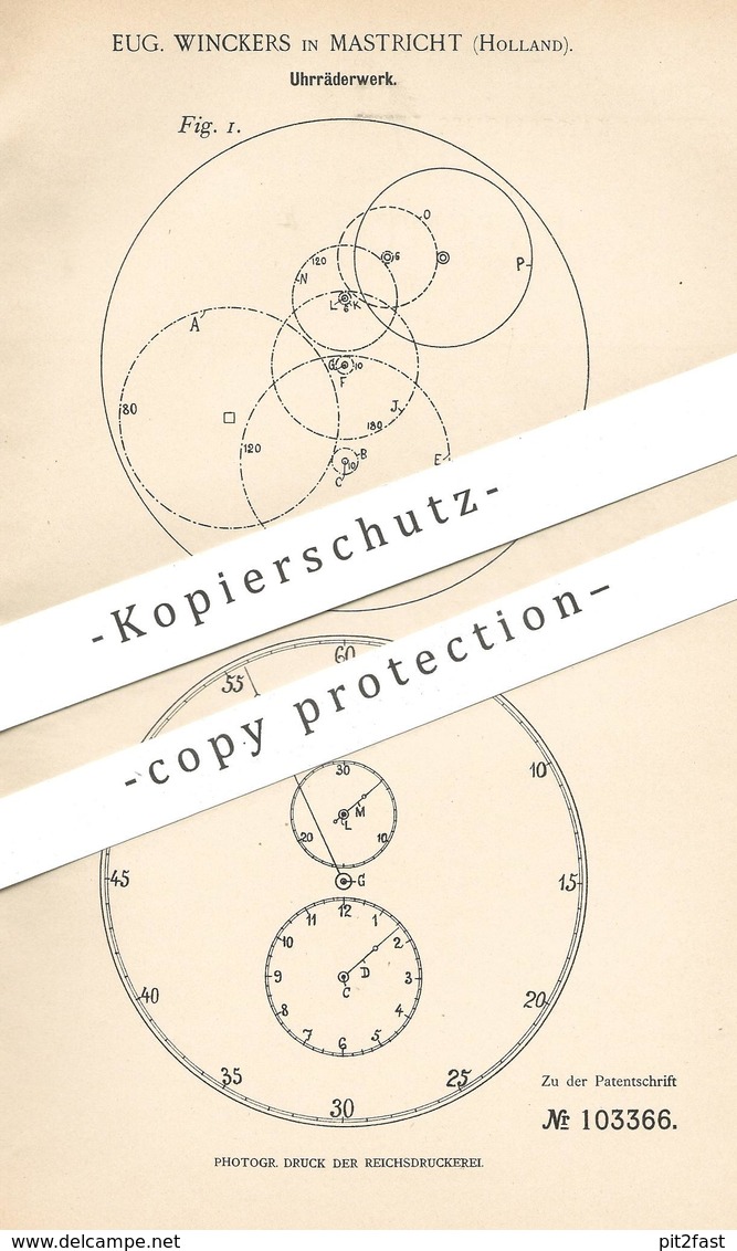 Original Patent - Eug. Winckers , Mastricht / Holland , 1898 , Uhrräderwerk | Uhrwerk , Uhr , Uhren | Uhrmacher !!! - Historische Dokumente