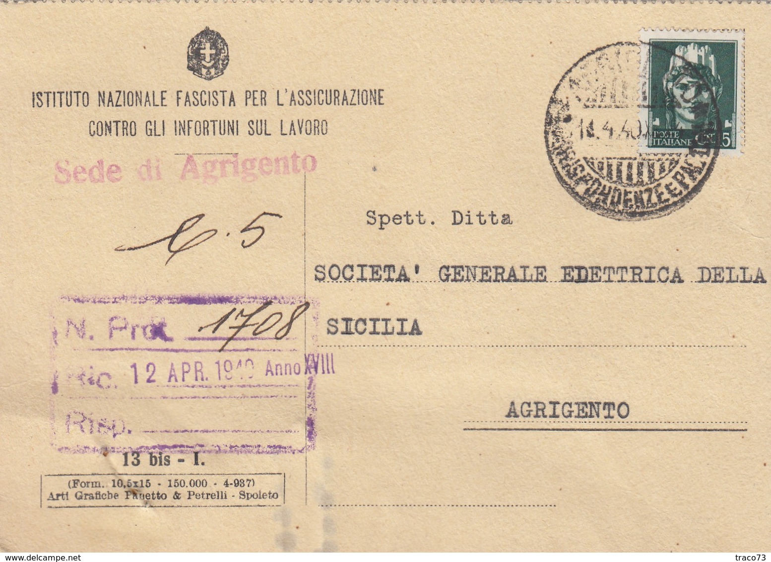AGRIGENTO  /  Cartolina Di Regime - Istituto Nazionale Fascista  - Firma - Comunicazioni _ Viaggiata 1940 - Agrigento