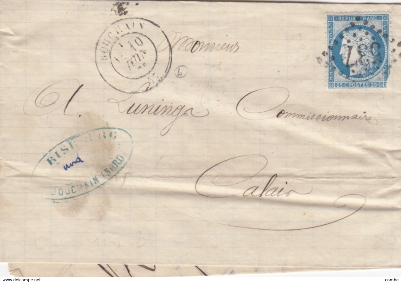 LETTRE.  1875. NORD. BOUCHAIN. GC 537  POUR CALAIS    /  2 - 1849-1876: Klassieke Periode