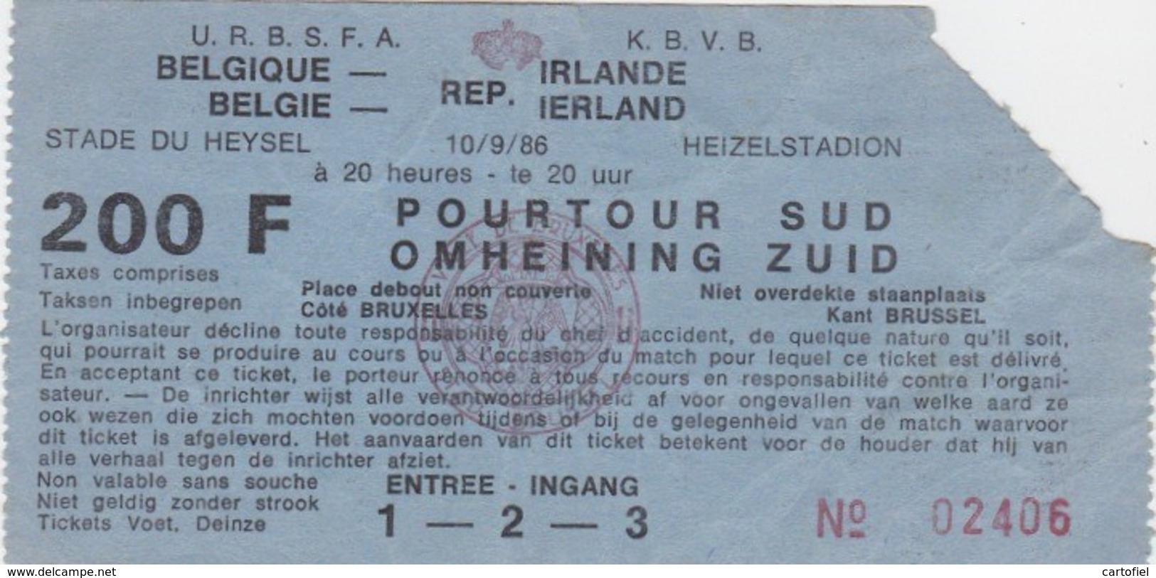 TICKET-VOETBAL-FOOTBALL-BELGIQUE-IRLANDE-STADE DU HEYSEL-10.09.1986-POURTOUR SUD-BON ETAT-VOYEZ LES 2 SCANS-TOP! - Toegangskaarten