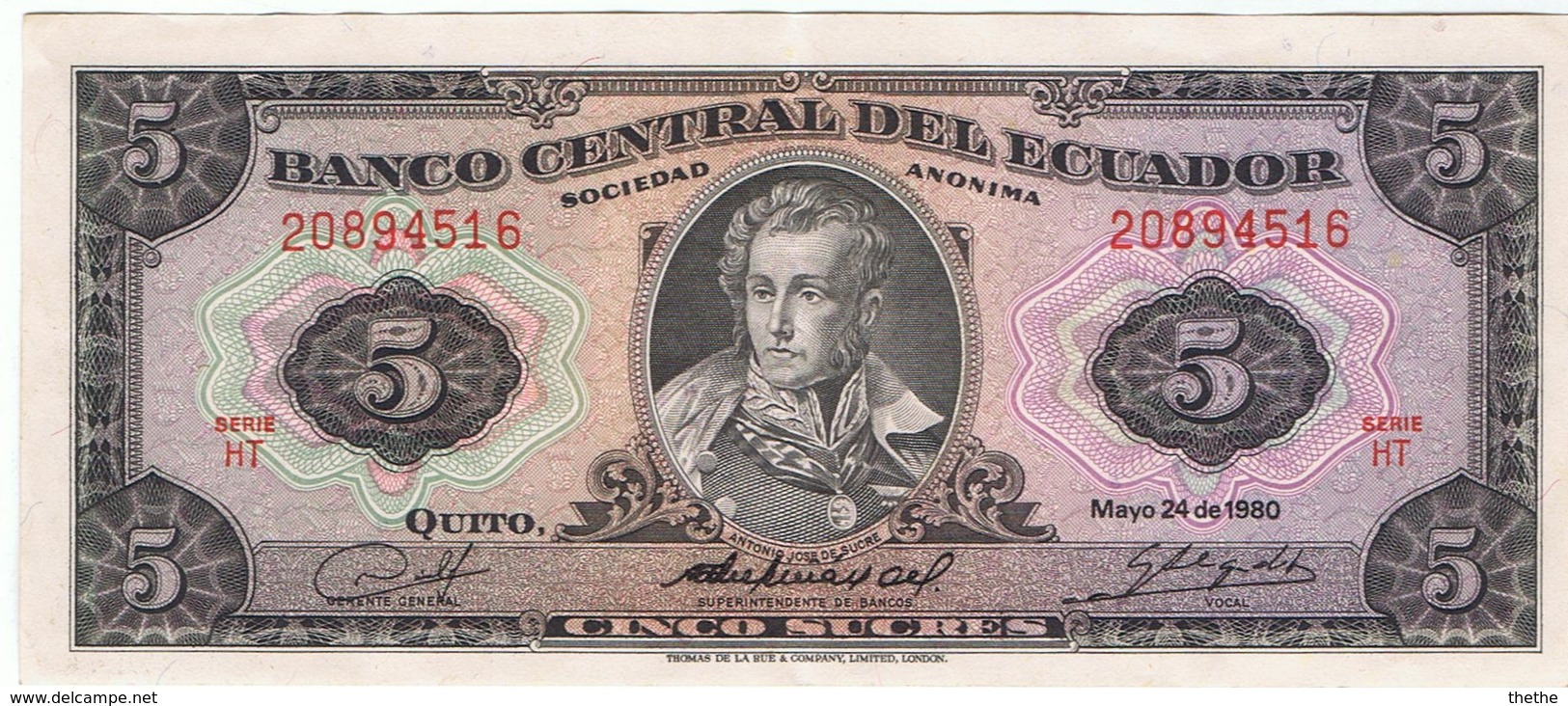 EQUATEUR - Billet De 5 Sucres - 24/05/1980 - Ecuador