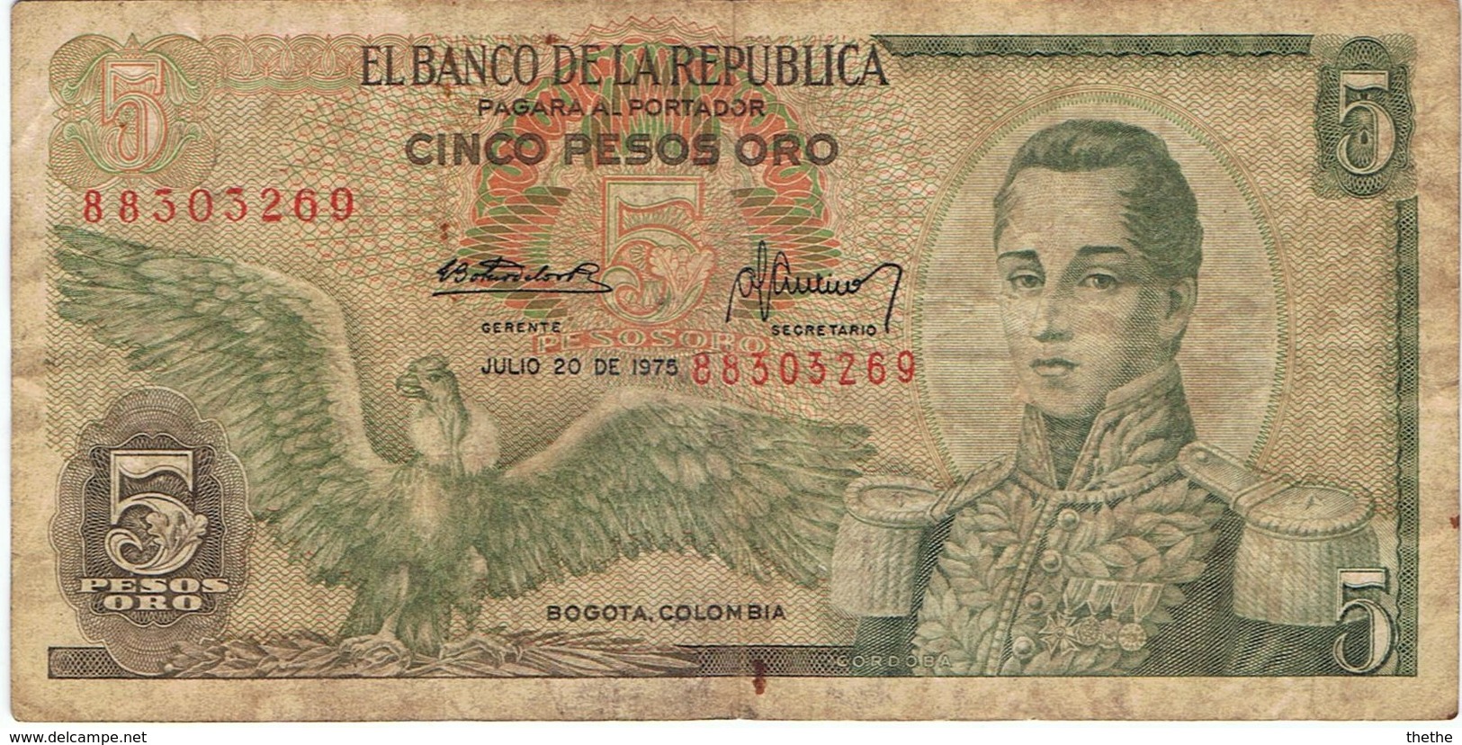 COLOMBIE - Billet De 5 Pesos Oro - 20/07/1975 - Colombie