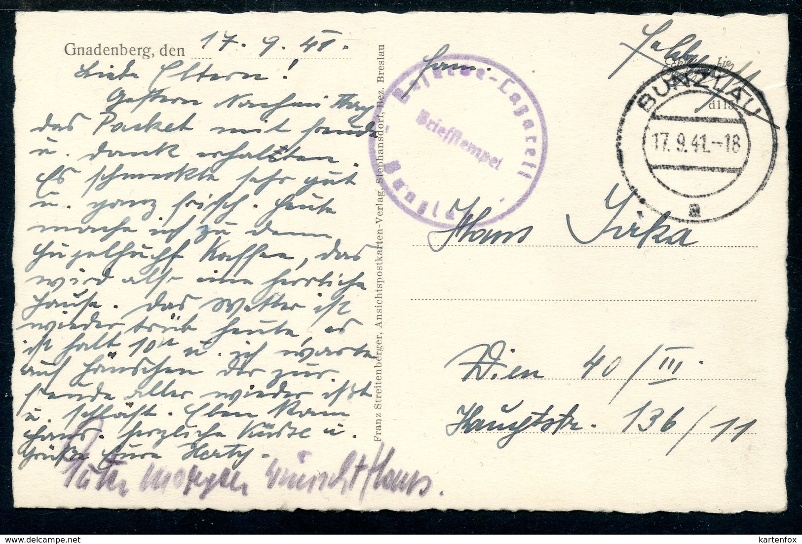 AK Gnadenberg, 17.9.1941, Godnow,Strasse, Kreis Bunzlau, Niederschlesien, Schlesien,Feldpost,Streitenberger,Breslau - Polen