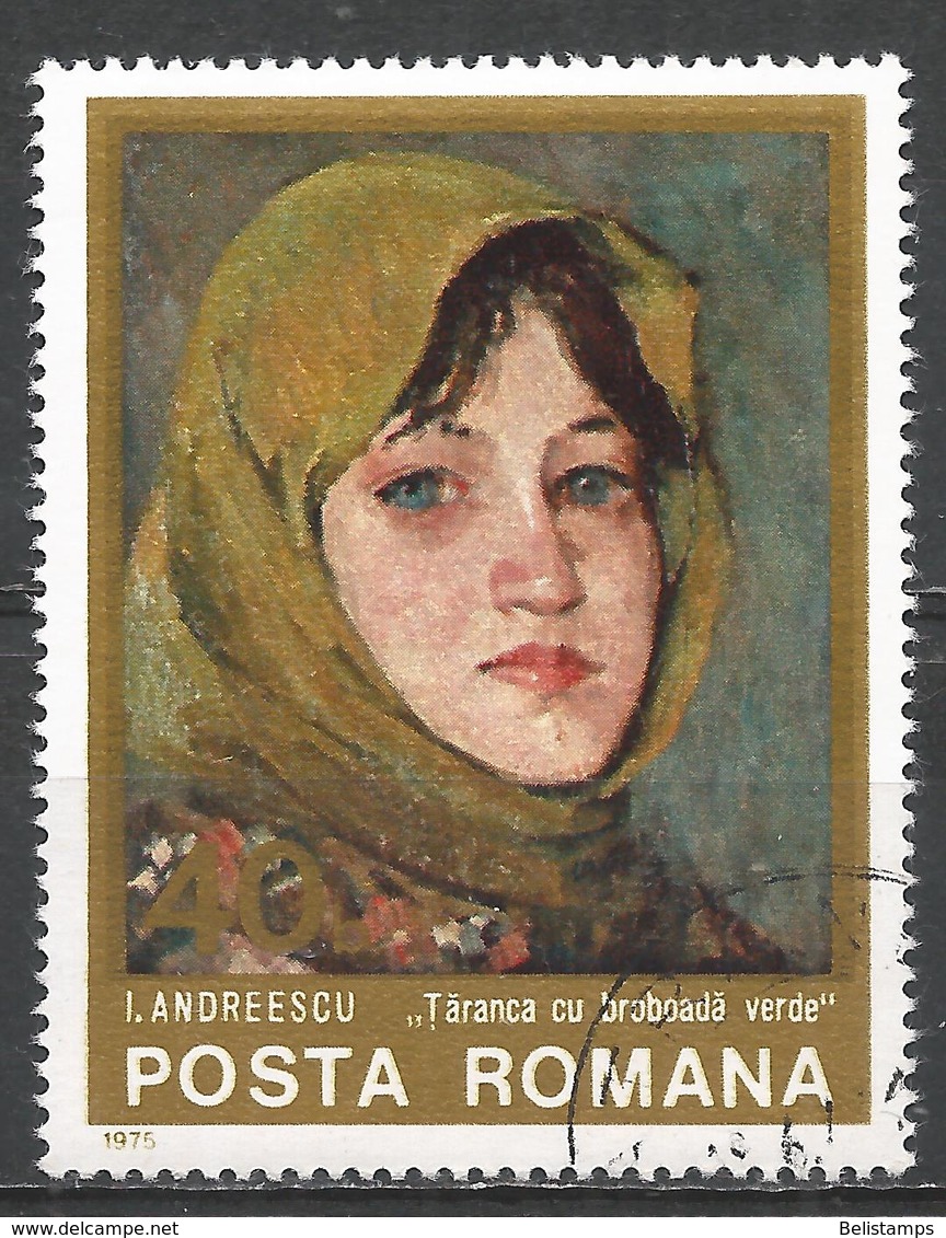 Romania 1975. Scott #2533 (U) Painting By Ion Andreescu (1850-1882), Farm Woman With Green Kerchief - Usado