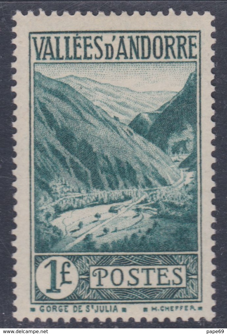 Andorre N°  39 X  Paysages De La Principauté, Partie De Série : 1 F. Vert-bleu Trace De Charnière Sinon TB - Nuovi