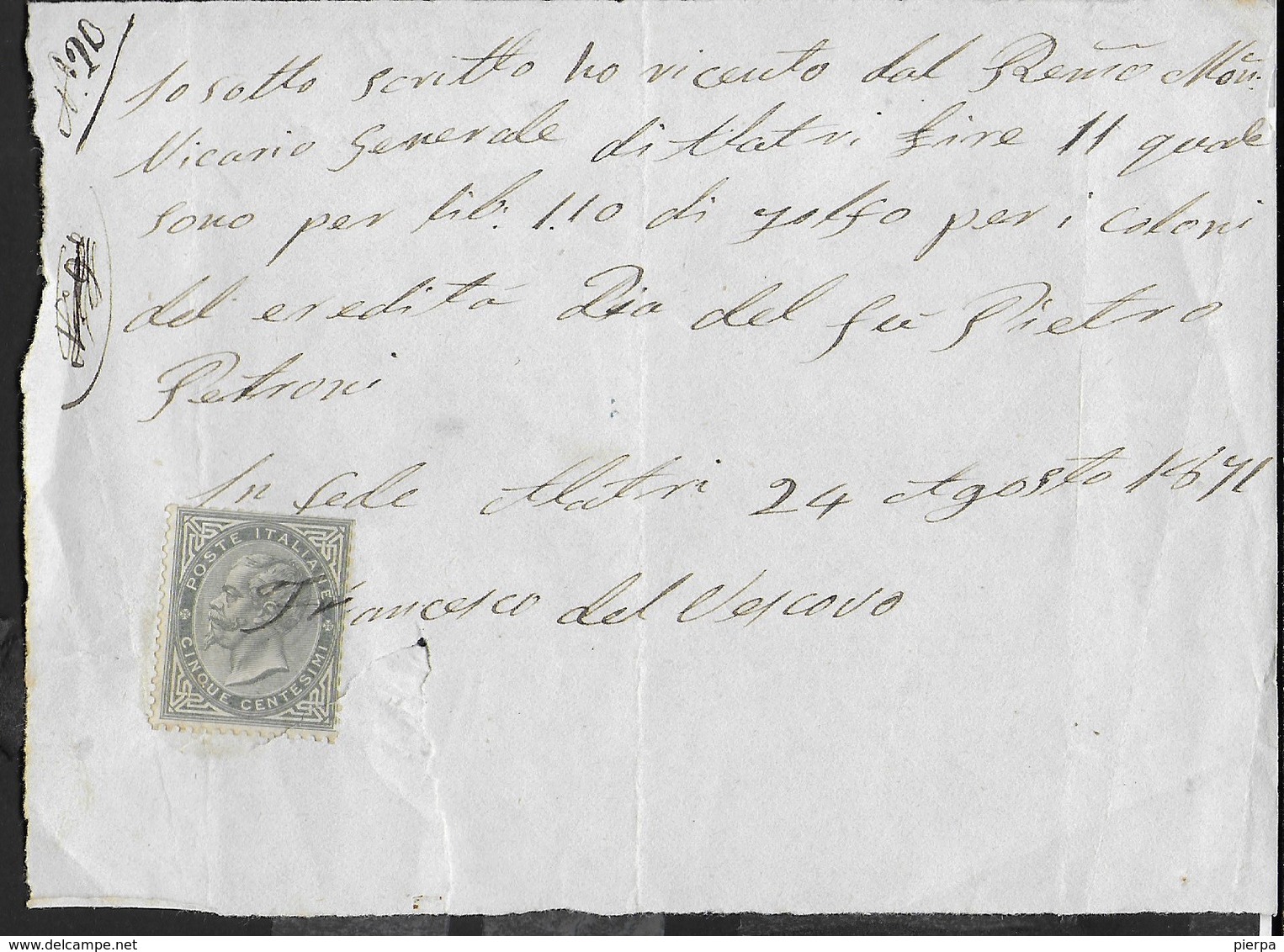STORIA POSTALE REGNO - UTILIZZO CENT 5 SU RICEVUTA DI PAGAMENTO  24.08.1871 - Revenue Stamps