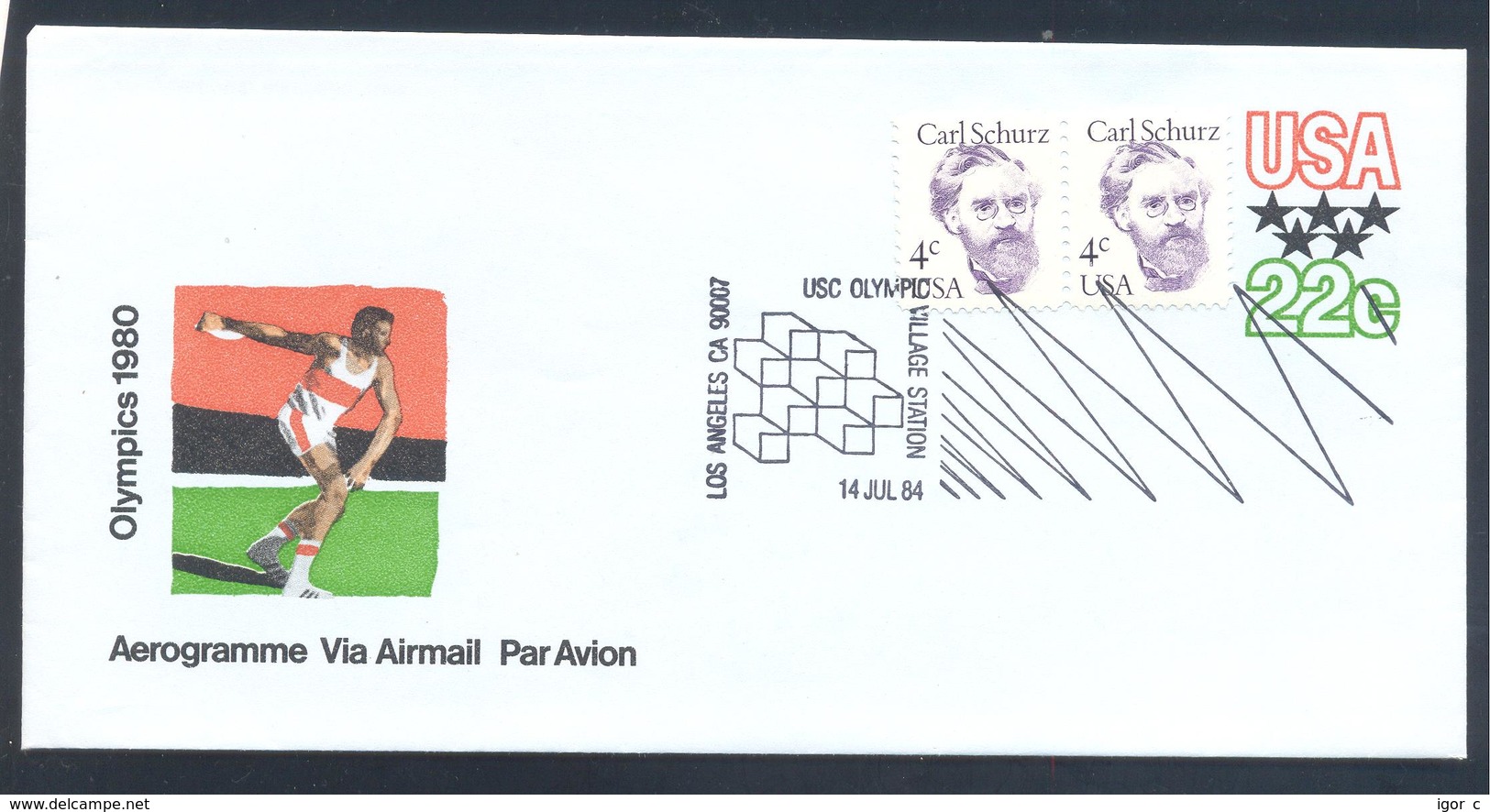 USA 1984 Aerogrmme Postal Stationery Cover Olympic Games 1984 Los Angeles USC Olympic Village; Athletisc Discus Throwing - Sommer 1984: Los Angeles