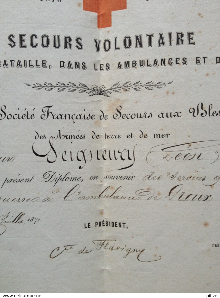 Diplôme Croix De Bronze Oeuvre Internationale . Secours Volontaire Croix-Rouge Guerre De 1870-71 . Dreux . Seigneury . - Documents