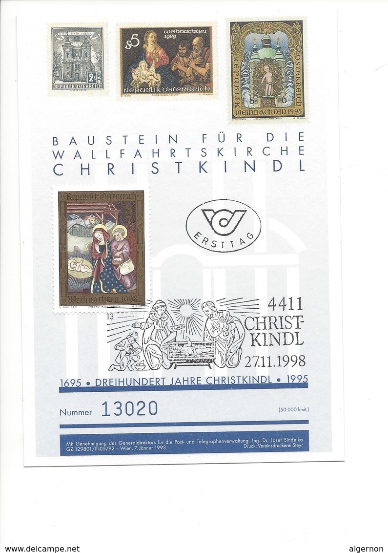 21641 - Austria Christkindl 1998 Post Ersttag 27.11.1998 Nummer 13020 Sur Feuille - Noël