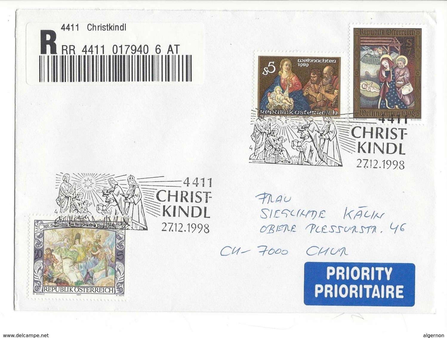 21647 - Austria Christkindl 1998 Lettre Recommandé Pour Chur 27.12.1998 Priority - Kerstmis