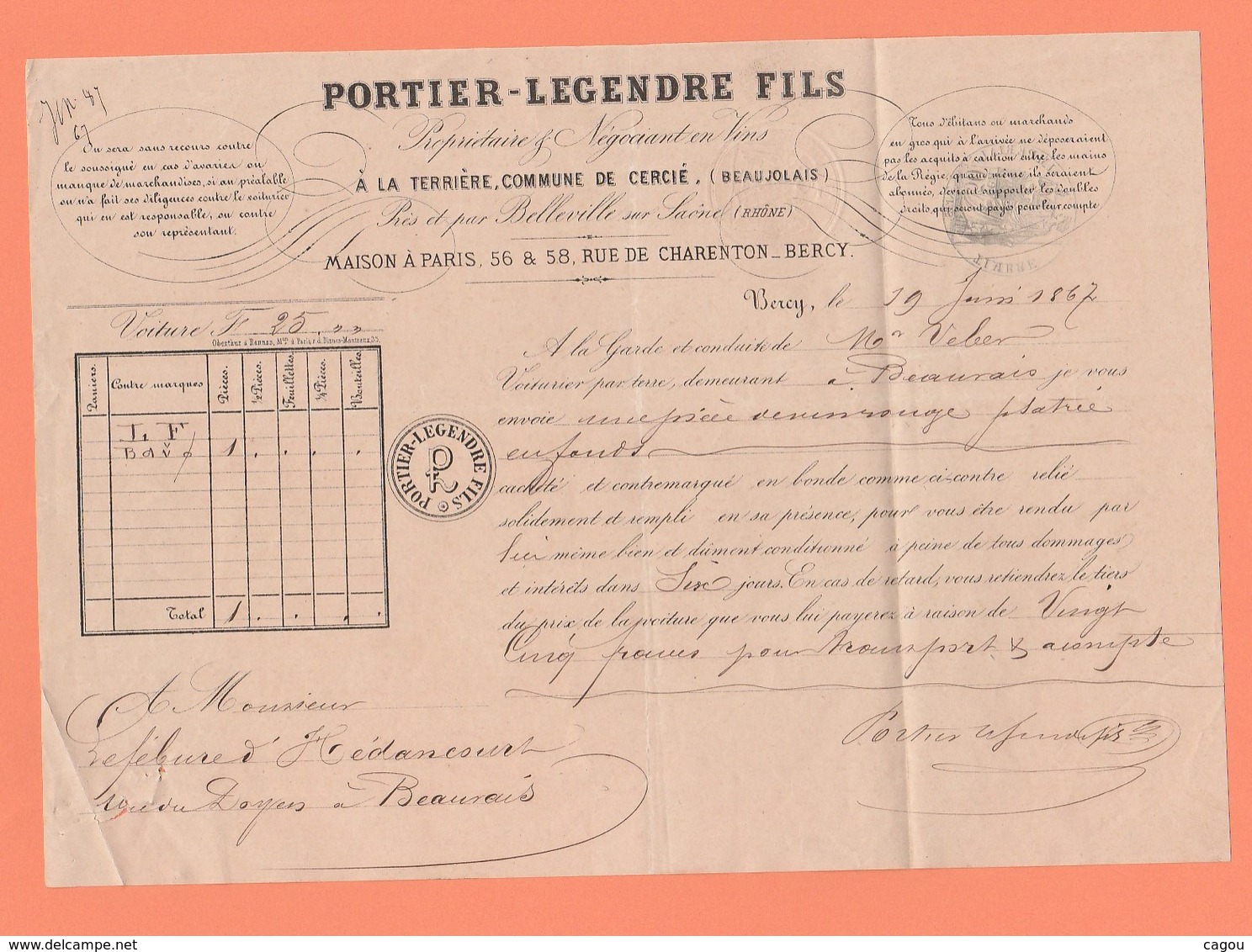 LETTRE DE VOITURE PORTIER-LEGENDRE FILS A LA TERRIERE COMMUNE DE CERCIE BEAUJOLAIS PRES BELLEVILLE SUR SAONE RHÔNE VINS - Andere & Zonder Classificatie