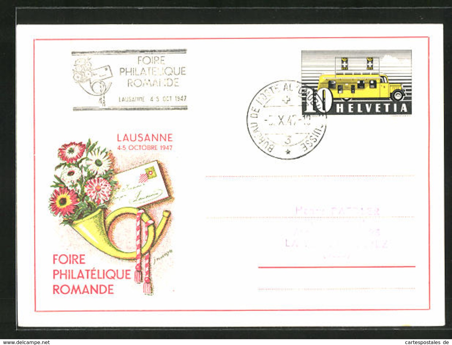 AK Lausanne, Fiore Philatelique Romande 1947, Posthorn Mit Blumen - Timbres (représentations)