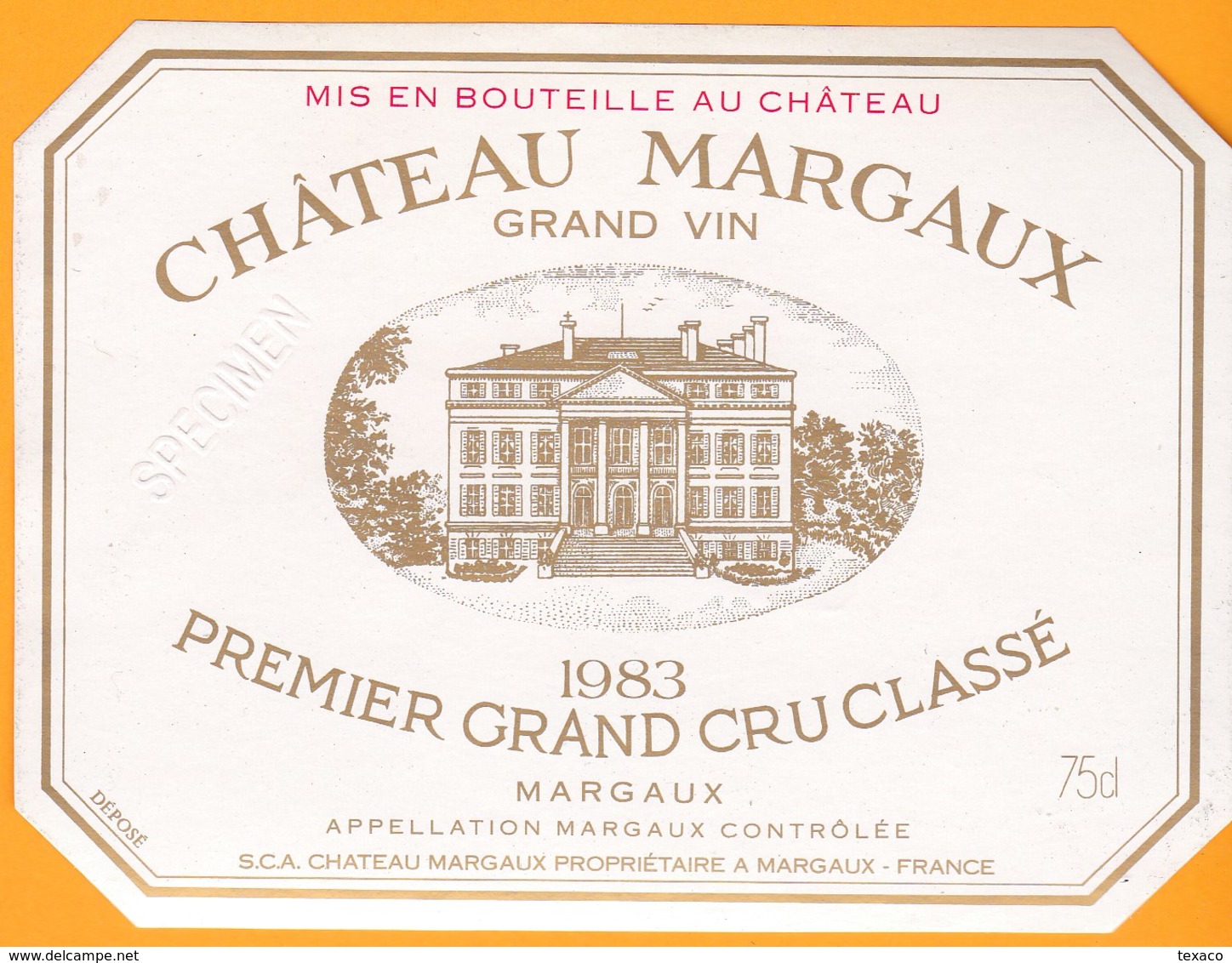 Etiquette Vin Bordeaux Margaux - Château MARGAUX -  Grand Cru Classé - 1983 - Trés Bon état SPECIMEN - Bordeaux