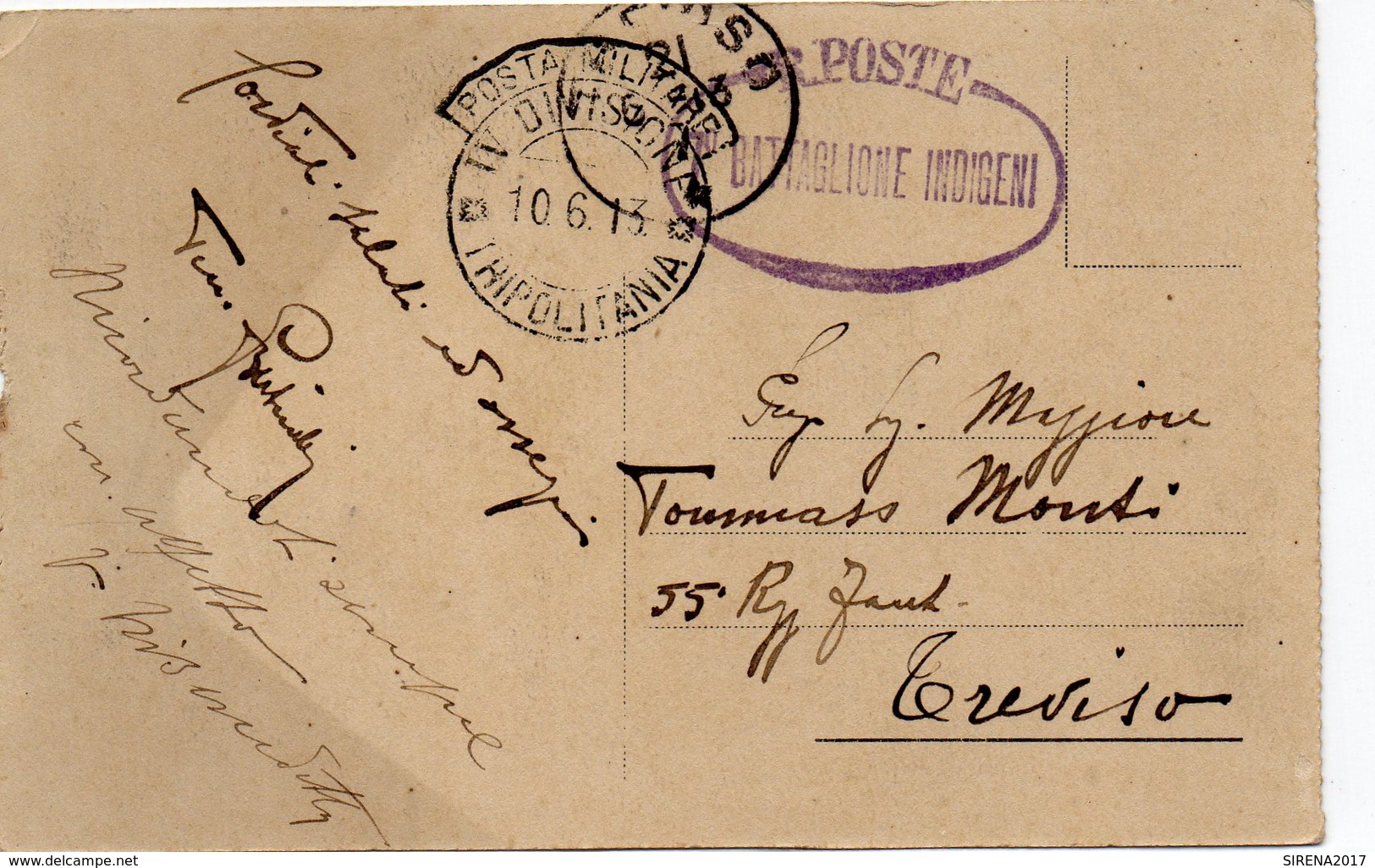 POSTA MILITARE - IV DIVISIONE TRIPOLITANIA - Timbro 1913 - 2 - 7° BATTAGLIONE NDIGENI - VIAGGIATA - Briefmarken (Abbildungen)