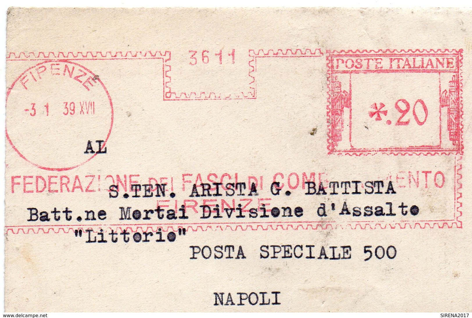 TIMBRO MECCANICO ROSSO - FEDERAZIONE FASCI DI COMBATTIMENTO FIRENZE - 1939 - VIAGGIATA - Non Classés